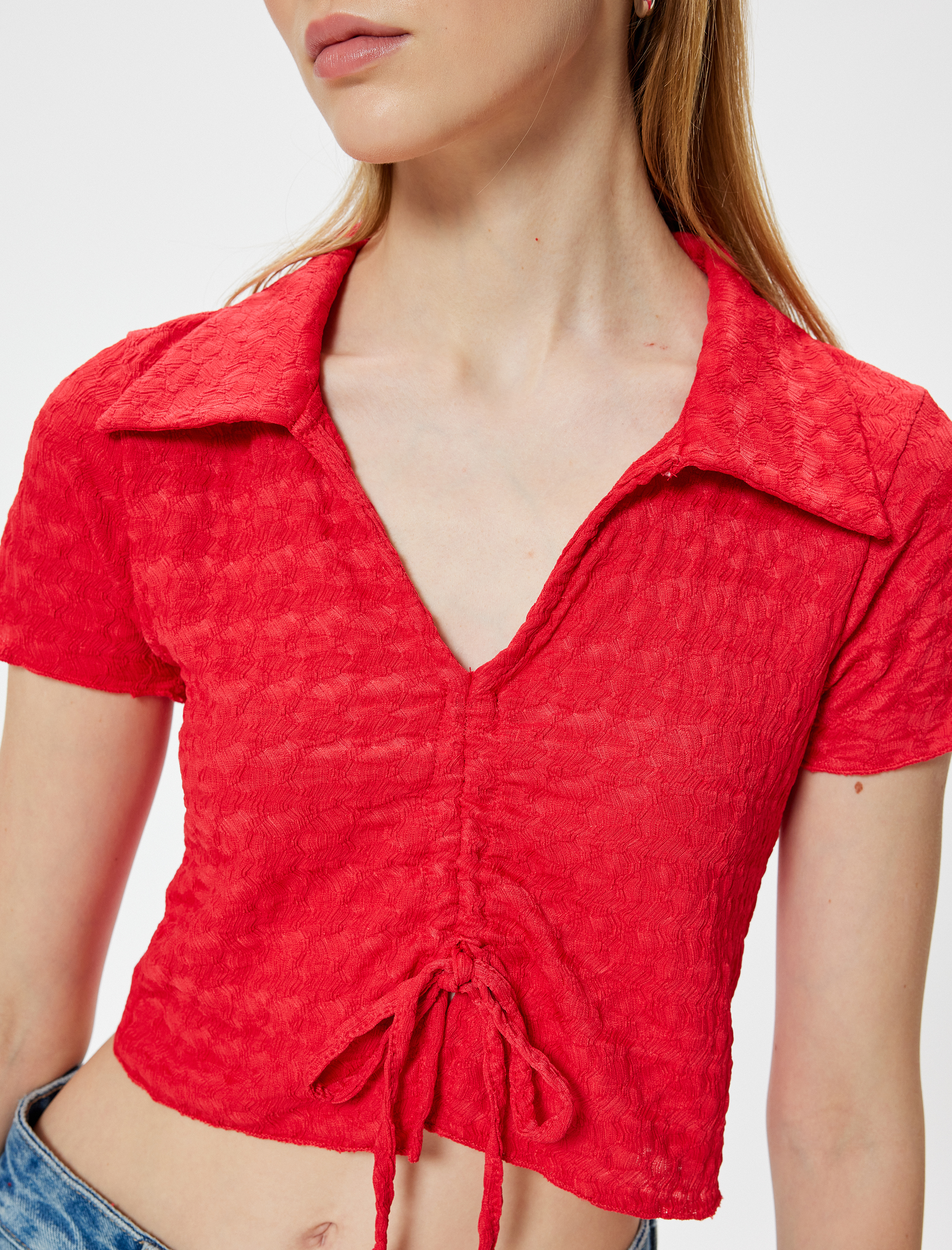   Crop Polo Yaka Tişört Önden Büzgülü Bağlamalı Dokulu Bürümcük