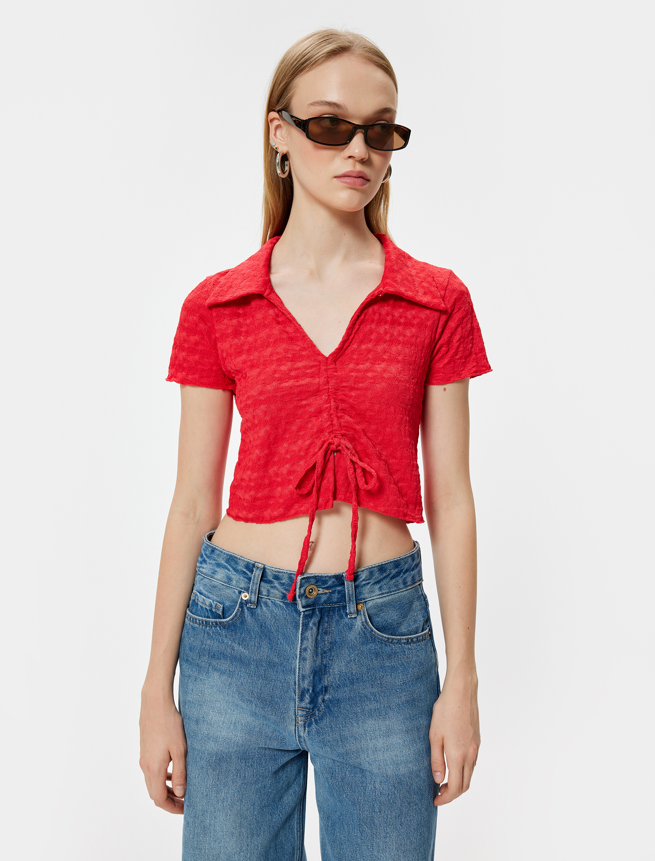   Crop Polo Yaka Tişört Önden Büzgülü Bağlamalı Dokulu Bürümcük