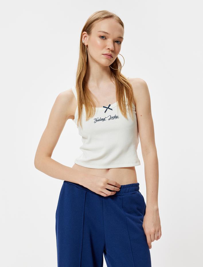  Askılı Atlet Fiyonk Detaylı Slogan Nakışlı Slim Fit