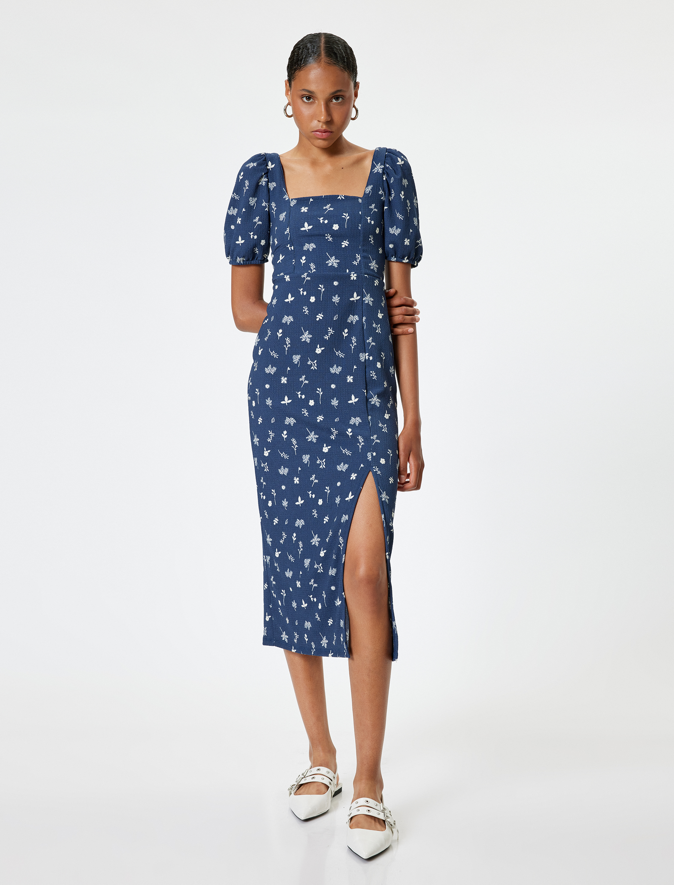   Çiçekli Midi Elbise Bodycon Kare Yaka Balon Kol Yırtmaç Detaylı Bürümcük