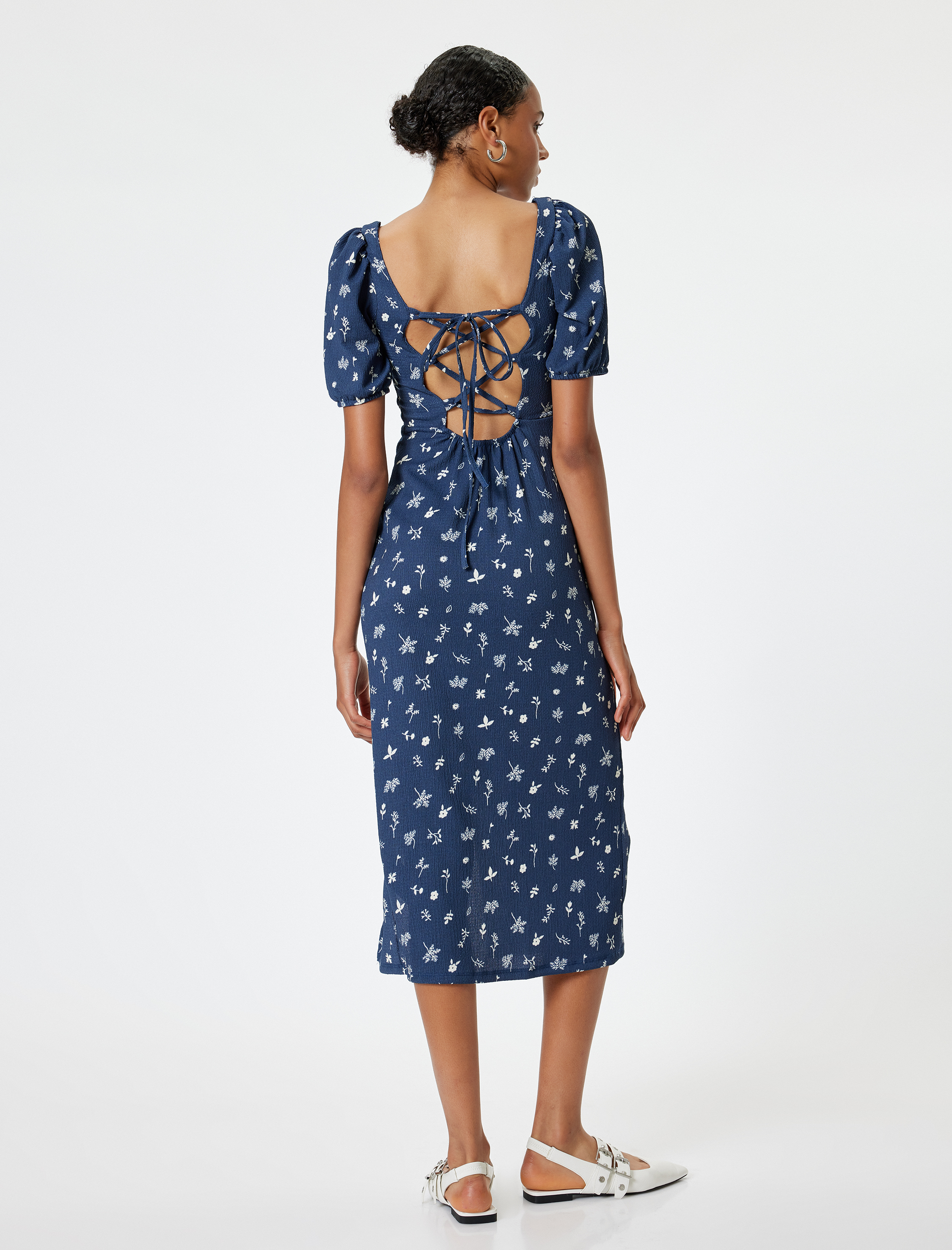   Çiçekli Midi Elbise Bodycon Kare Yaka Balon Kol Yırtmaç Detaylı Bürümcük