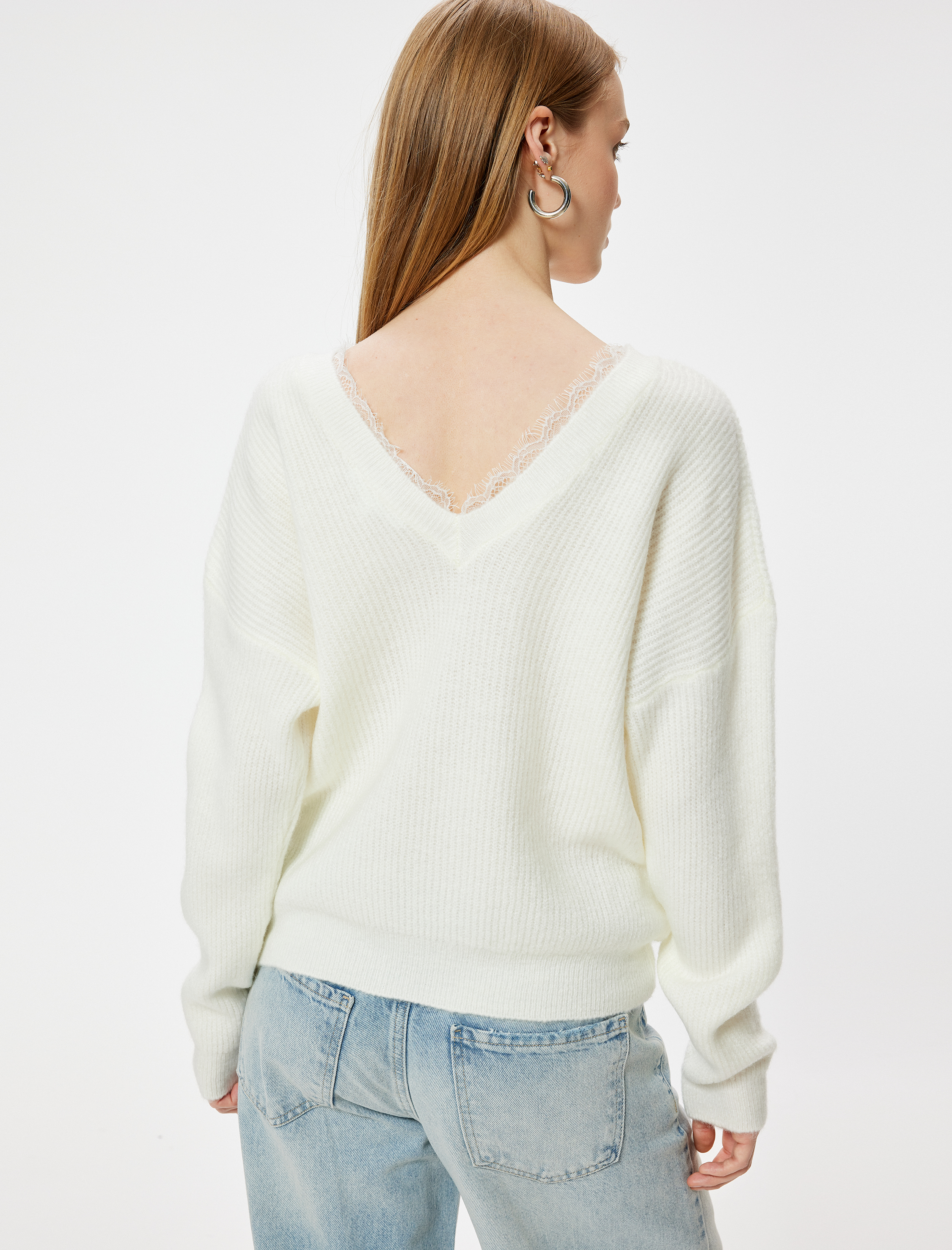   V Yaka Kazak Triko Dantel Detaylı Uzun Kollu Akrilik Karışımlı