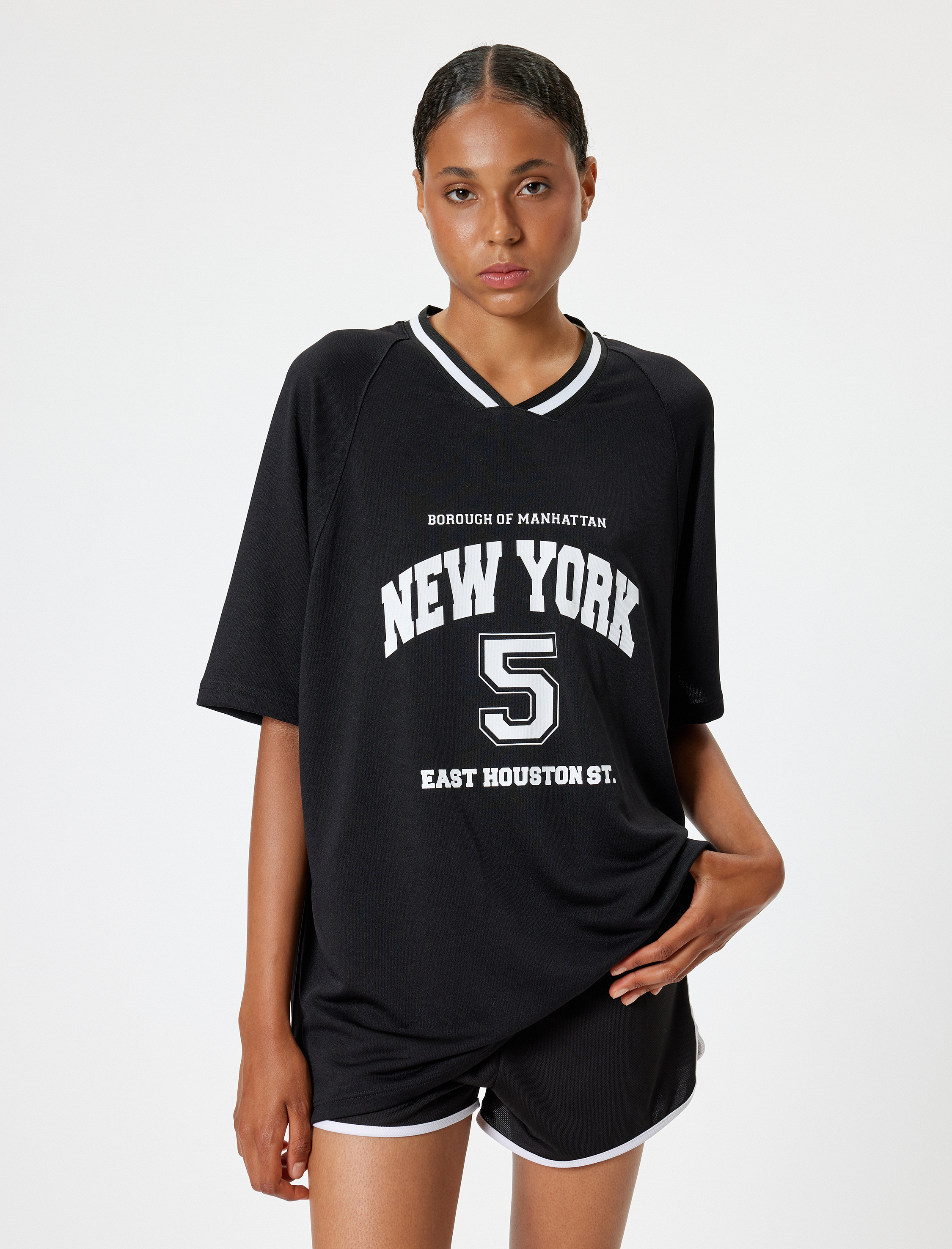   Spor Tişört Oversize V Yaka Slogan Baskılı Kısa Kollu