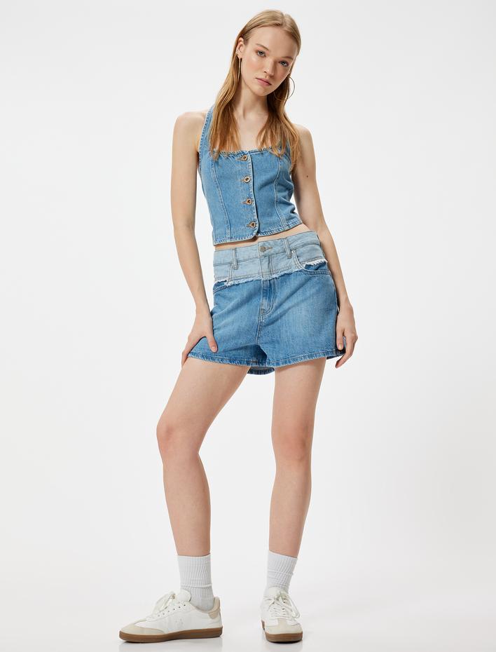  Mini Kot Şort Düğmeli Renk Bloklu Cepli Rahat Kesim