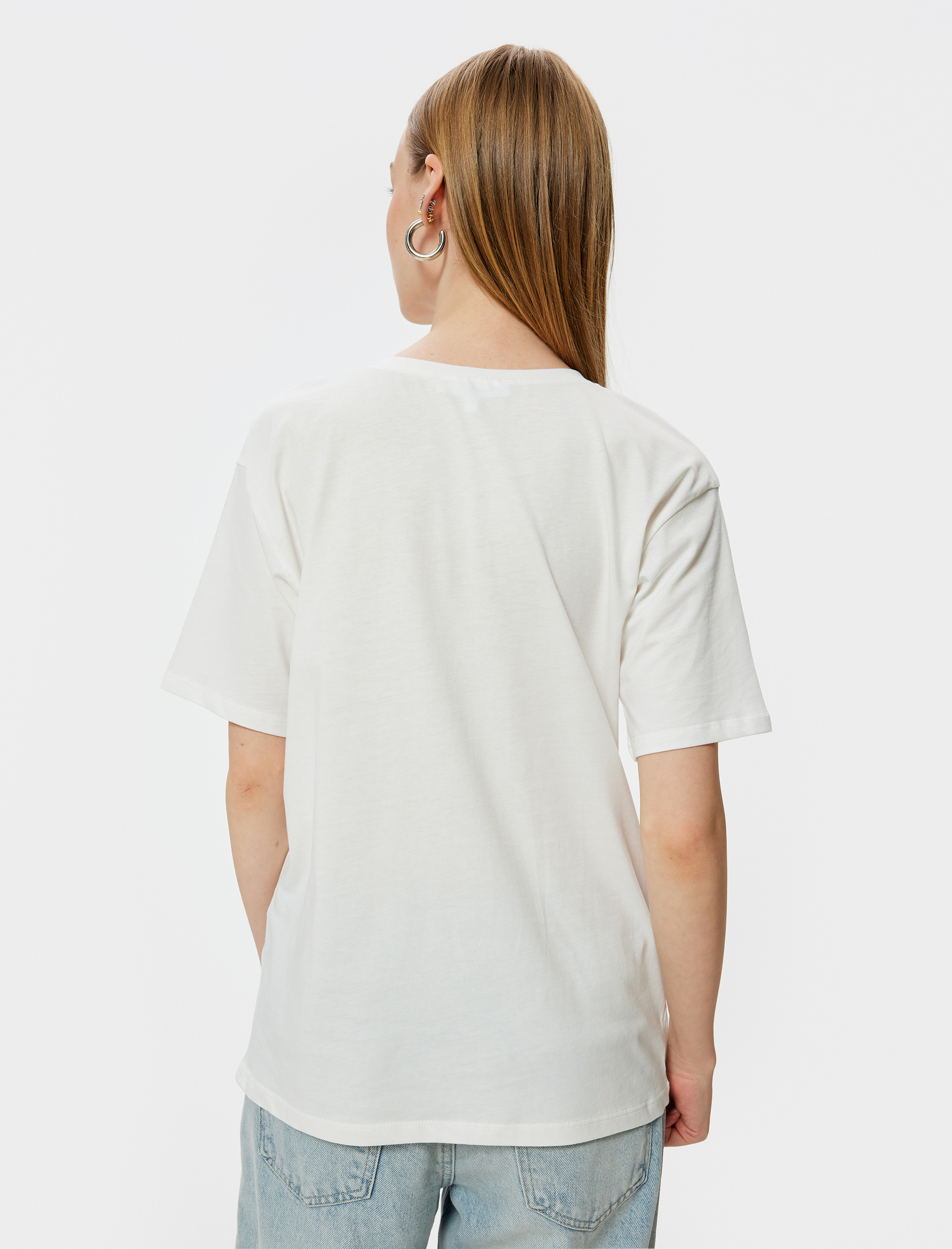   Oversize Tişört Bisiklet Yaka Kolej Baskılı Kısa Kollu