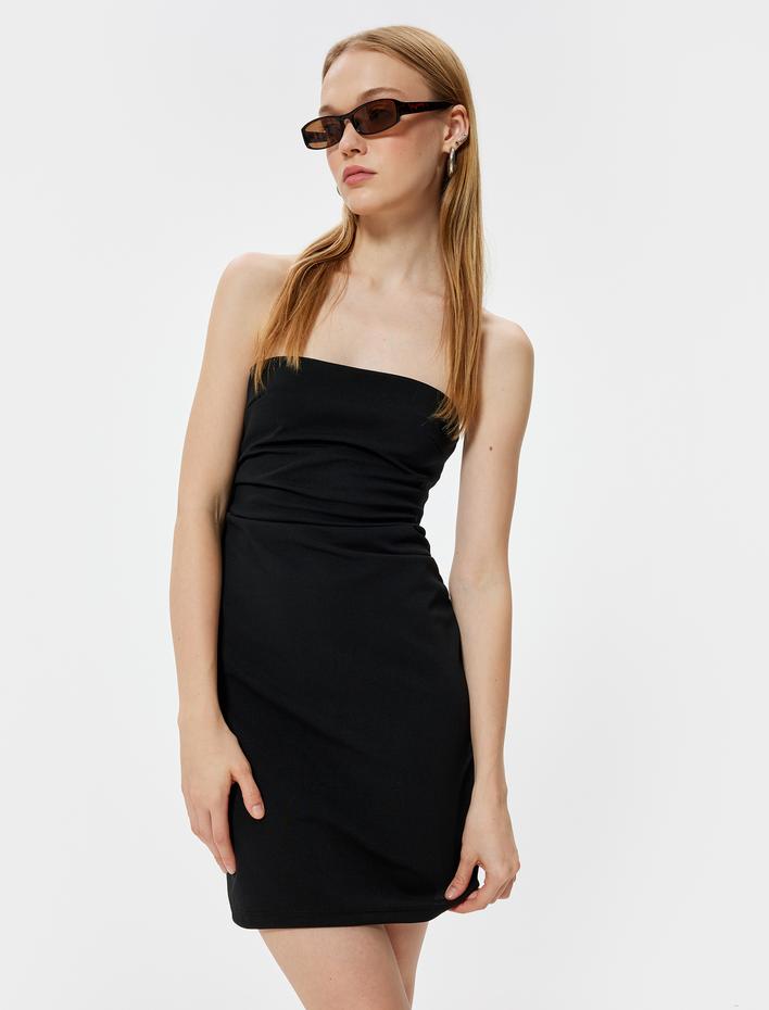  Mini Elbise Straplez Yaka Kolsuz Slim Fit Drapeli