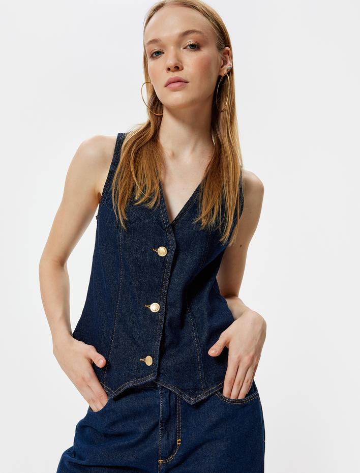  Kot Yelek Düğmeli V Yaka Kolsuz Dikiş Detaylı