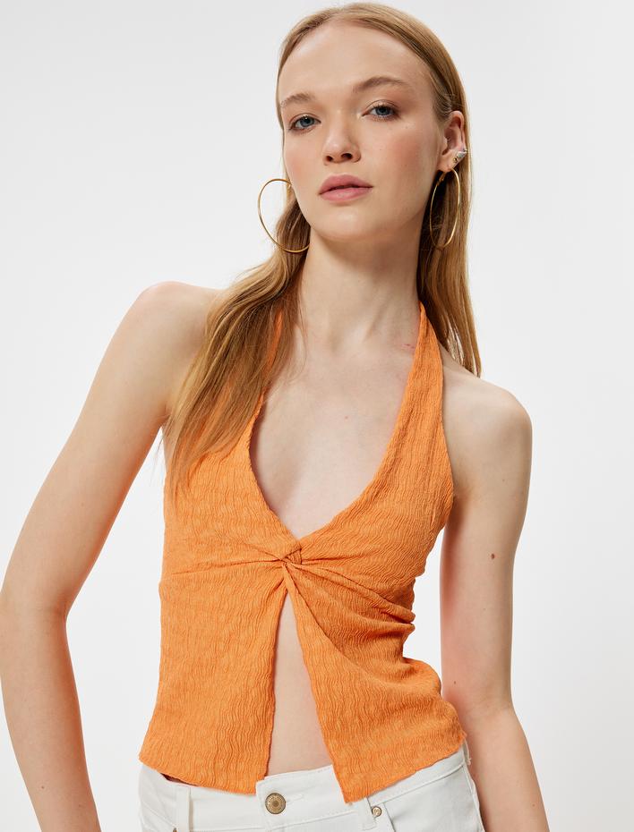  Crop Üst Sırt Dekolteli Boyundan Kalın Askılı Dokulu Derin V Yaka Bürümcük