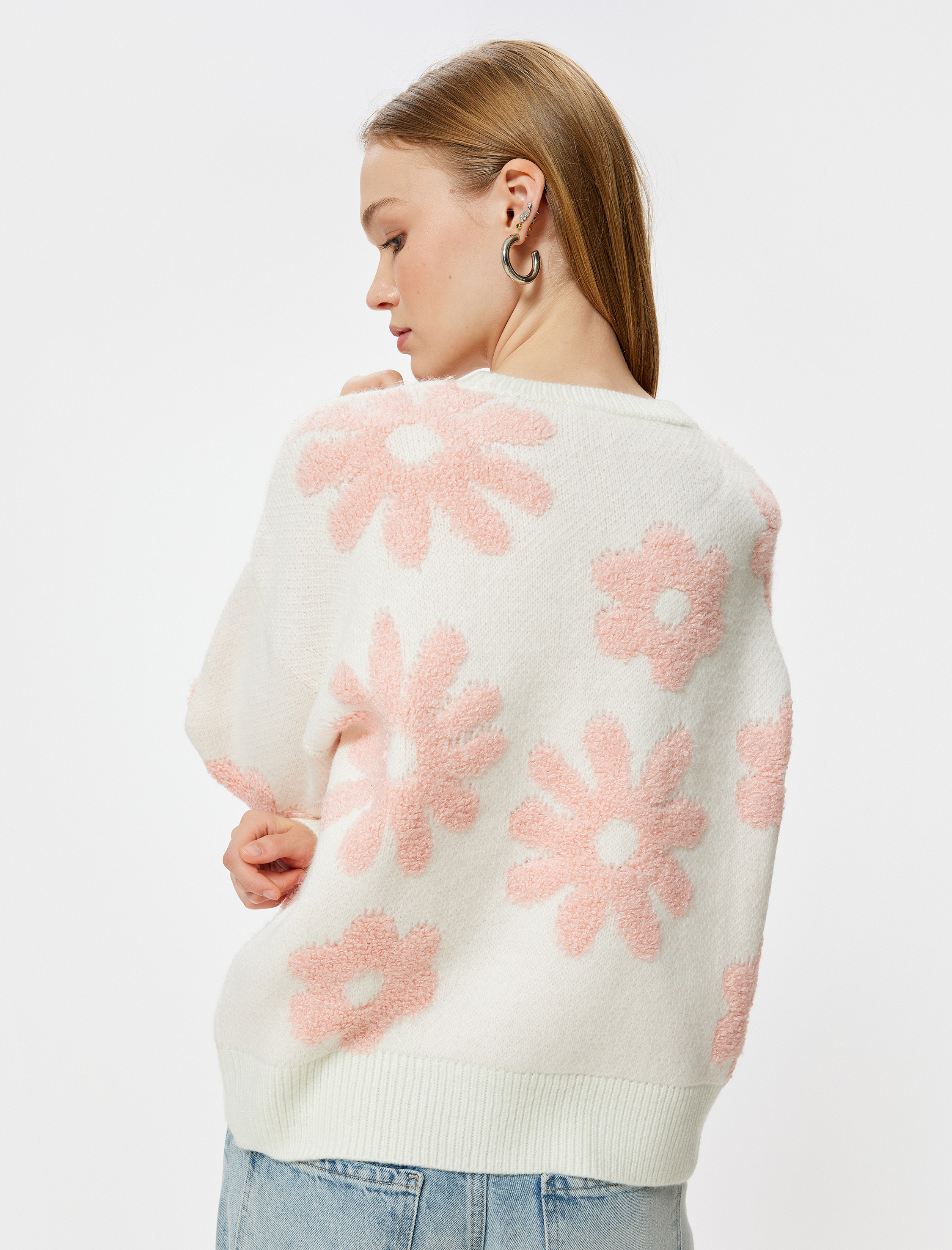 Triko Kazak Jakarlı Çiçek Desenli Bisiklet Yaka