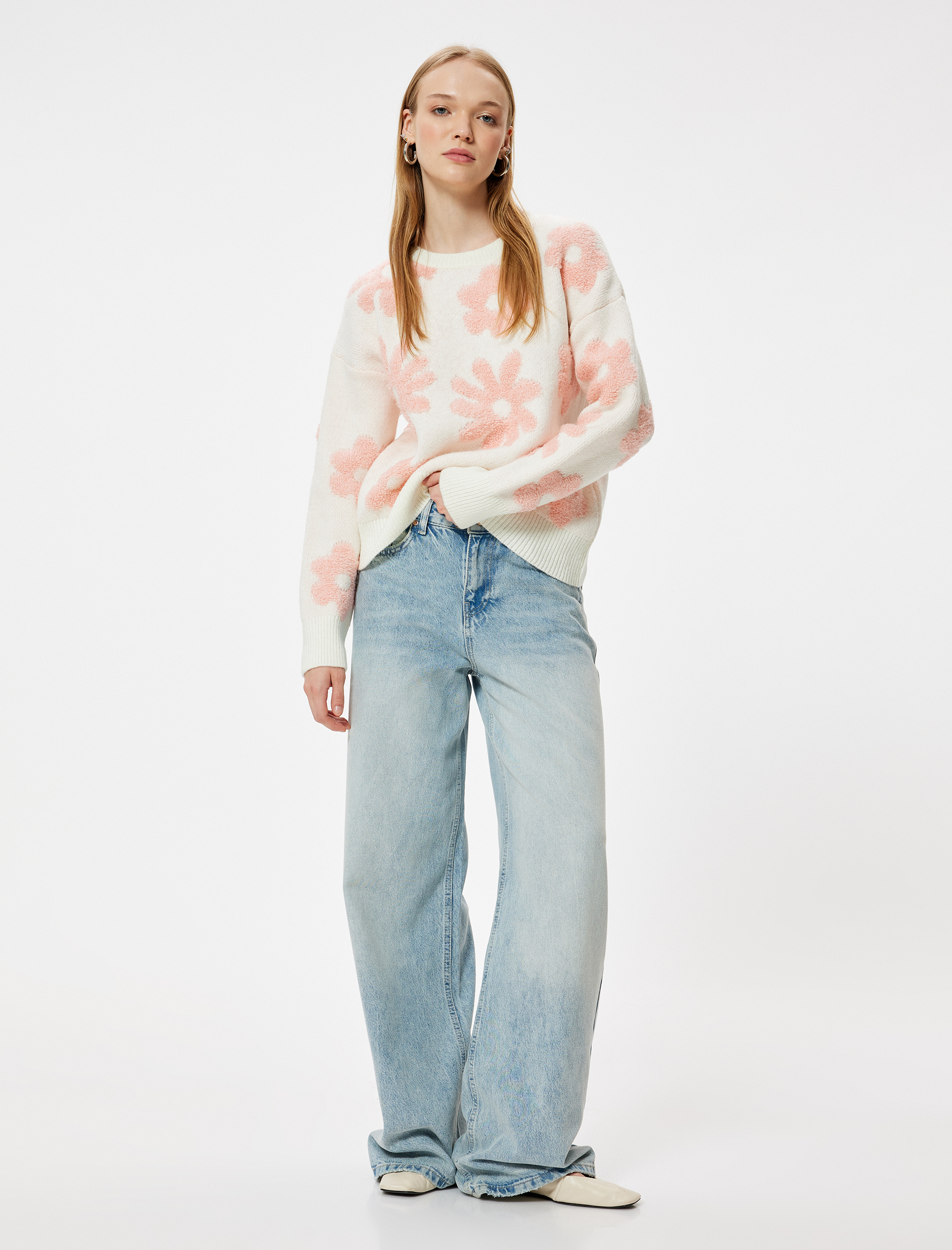 Triko Kazak Jakarlı Çiçek Desenli Bisiklet Yaka