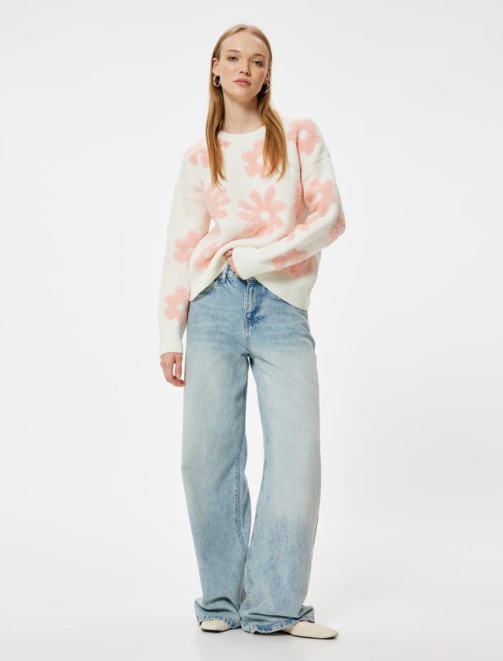  Triko Kazak Jakarlı Çiçek Desenli Bisiklet Yaka