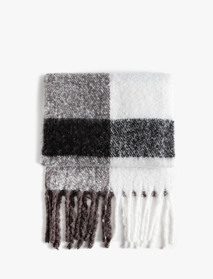 Kadın Uzun Atkı Püsküllü Renk Bloklu Yumuşak Dokulu