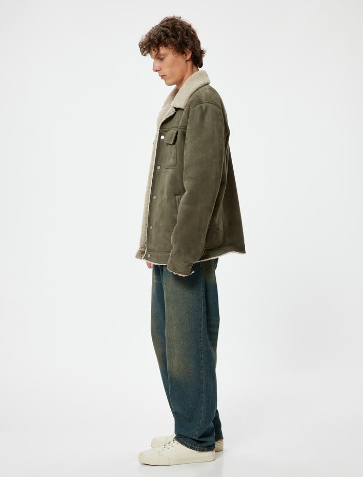  Süet Görünümlü Ceket Slim Fit Peluş Detaylı Gömlek Yaka