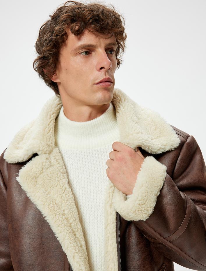  Peluş Yaka Detaylı Fermuarlı Suni Deri Ceket