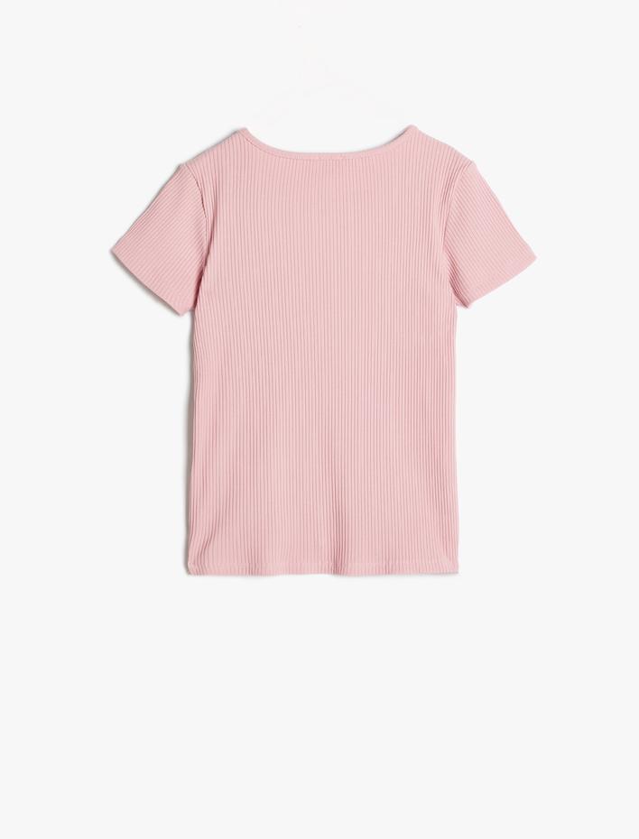 Kız Çocuk Tişört Fiyonk Baskılı Pul Detaylı Kısa Kollu Bisiklet Yaka Pamuklu