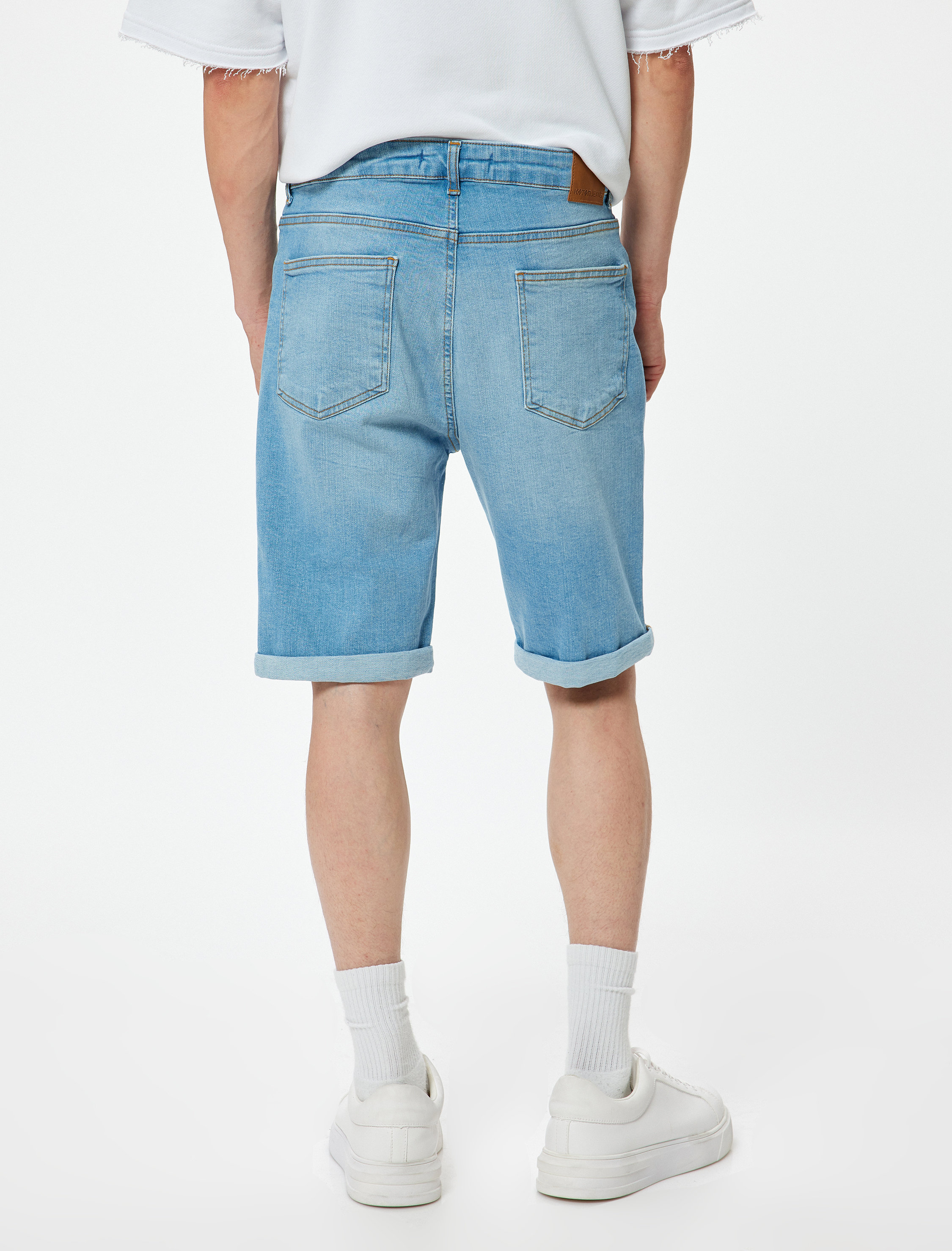   Slim Fit Kot Şort Bermuda Katlama Paçalı Düğme Detaylı