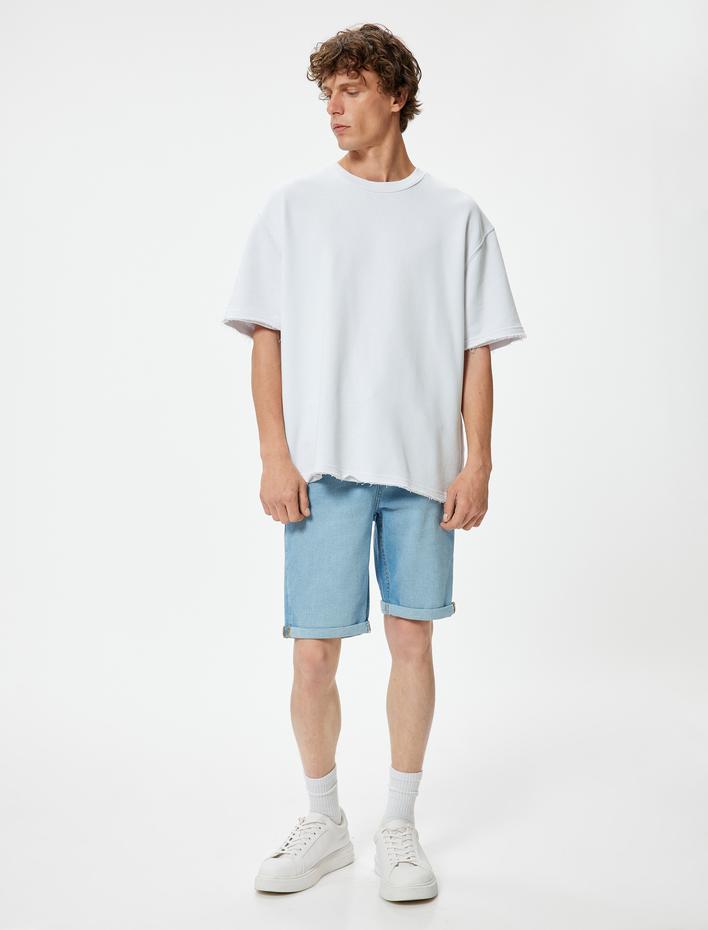  Slim Fit Kot Şort Bermuda Katlama Paçalı Düğme Detaylı