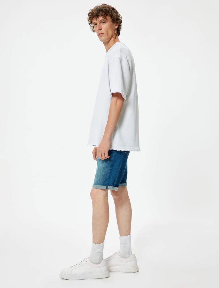  Slim Fit Kot Şort Bermuda Katlamalı Paça Cep Detaylı Pamuklu