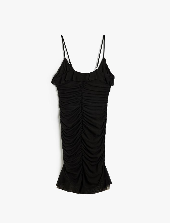  Mini Askılı Fırfırlı Elbise Drapeli Tül Astarlı
