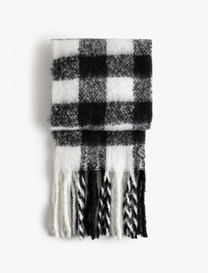 Kadın Uzun Atkı Püsküllü Kareli Yumuşak Dokulu