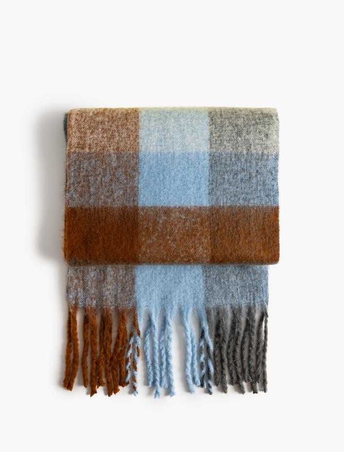 Kadın Uzun Atkı Püsküllü Kareli Yumuşak Dokulu