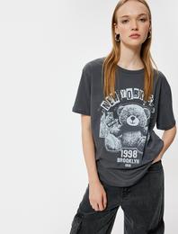 Oversize Tişört Bisiklet Yaka Ayıcık Baskılı Kısa Kollu Pamuklu