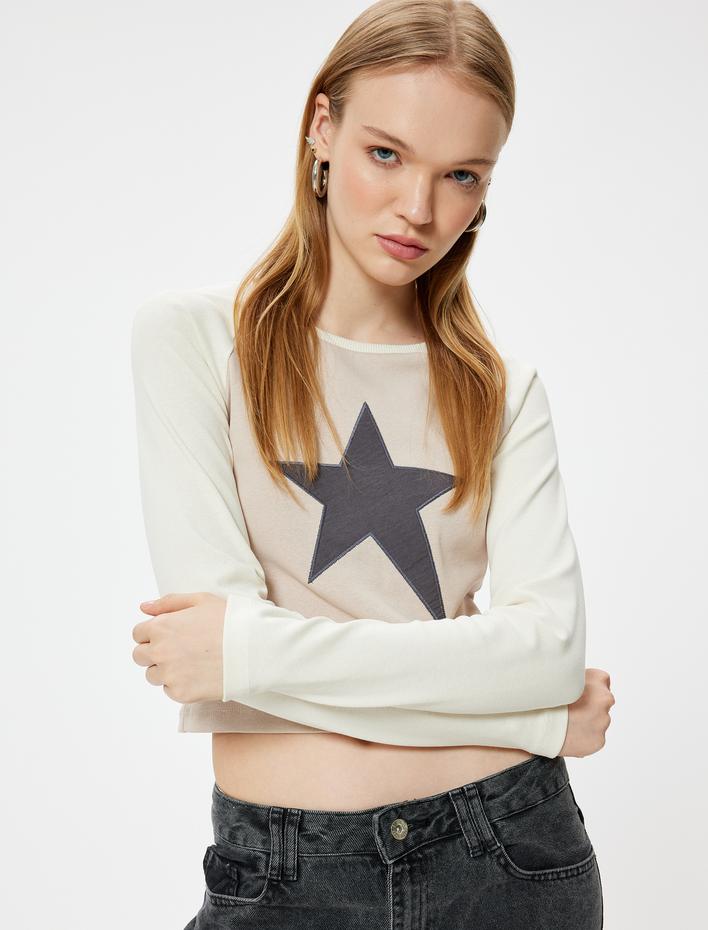  Uzun Kollu Tişört Yıldız Baskılı Bisiklet Yaka Slim Fit