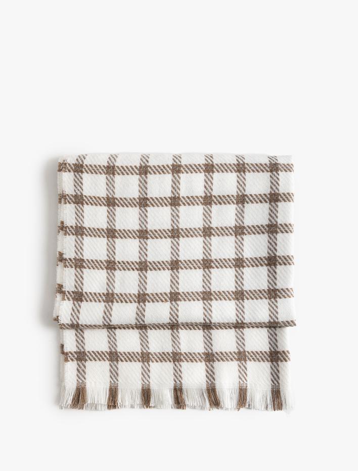 Kadın Uzun Atkı Püsküllü Kareli Yumuşak Dokulu