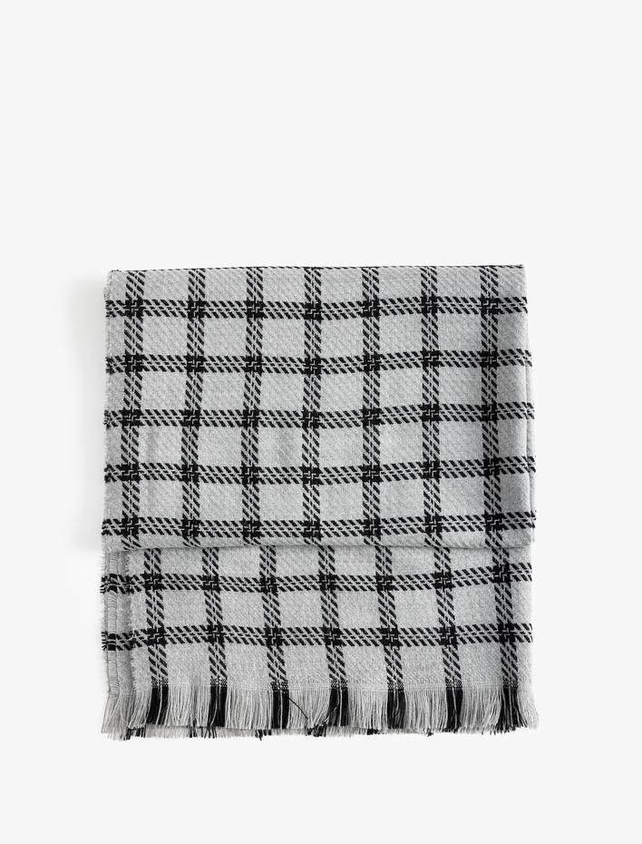 Kadın Uzun Atkı Püsküllü Kareli Yumuşak Dokulu