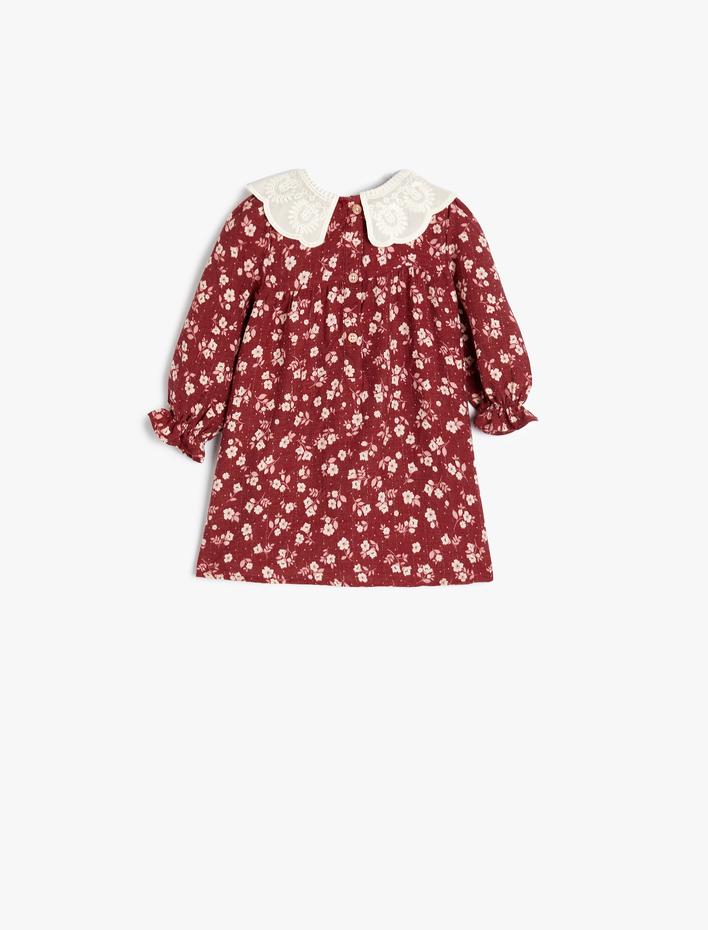 Kız Bebek Elbise Çiçekli Bebe Yaka Uzun Kollu Fırfır Detaylı Viskon Kumaş