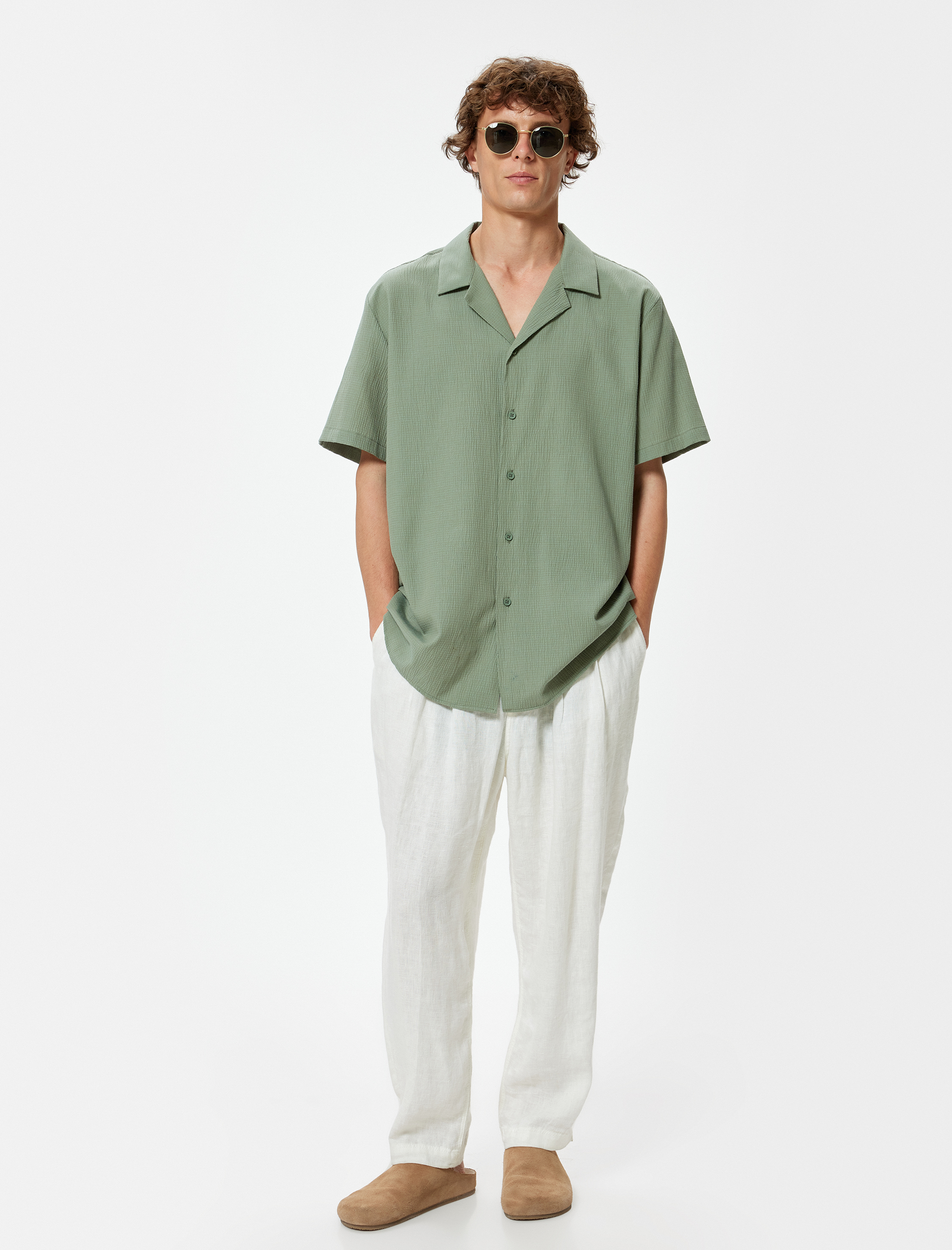   Kısa Kollu Gömlek Düğmeli Pamuk Karışımlı Regular Fit