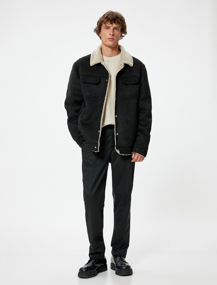  Süet Görünümlü Ceket Slim Fit Peluş Detaylı Gömlek Yaka