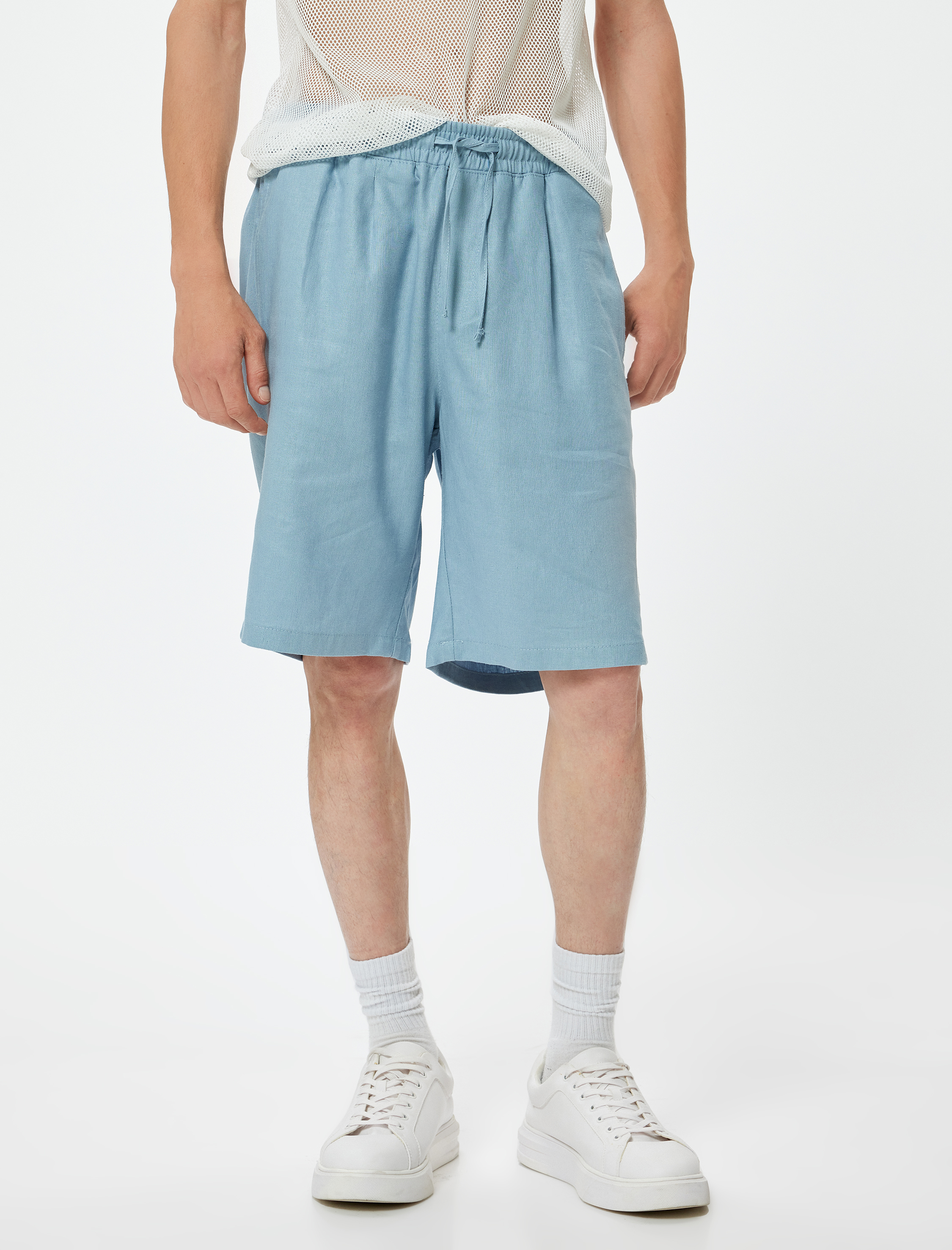   Oversize Şort Keten Bermuda Beli Bağcıklı Cep Detaylı