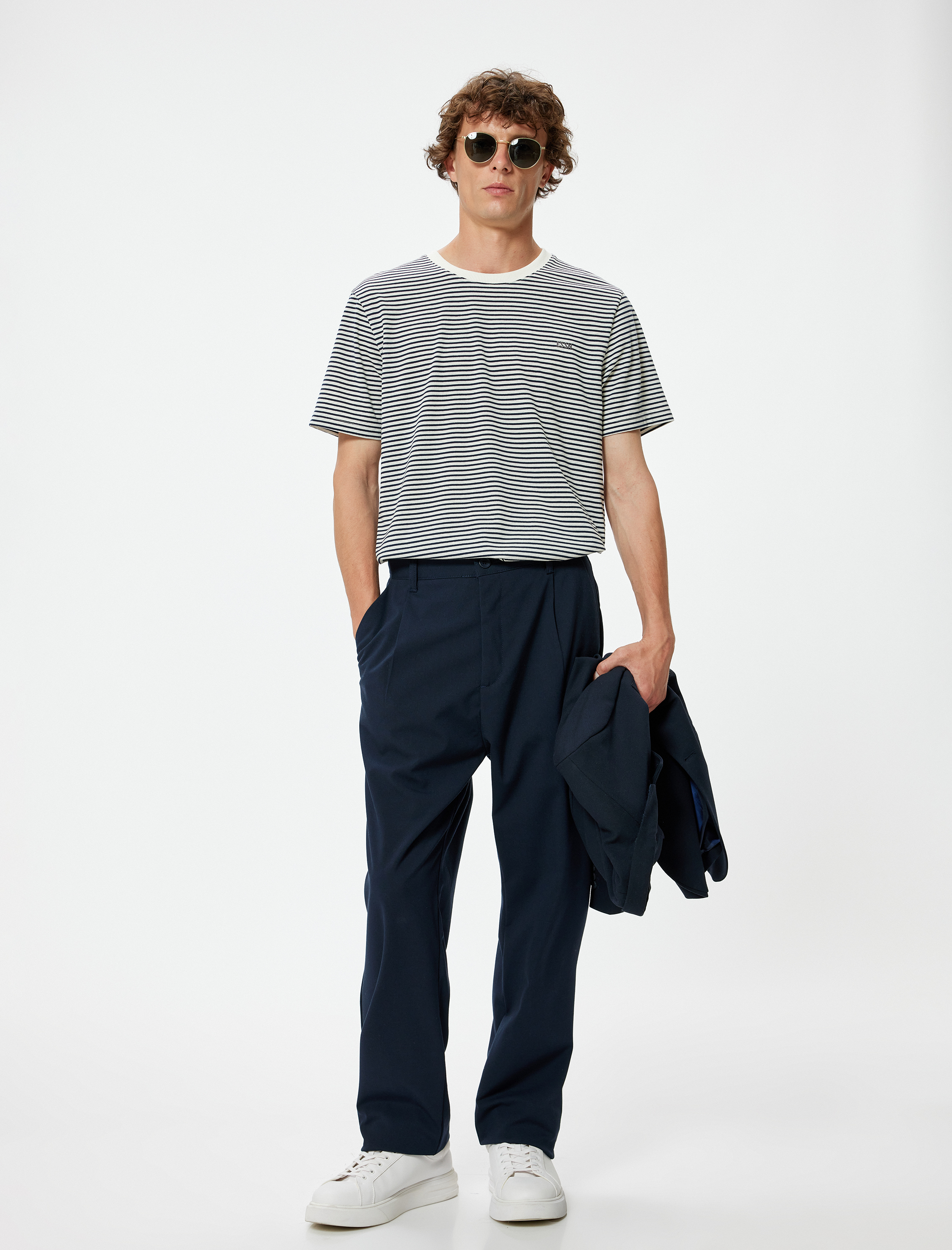   Çizgili Bisiklet Yaka İşlemeli Kısa Kollu Slim Fit Tişört