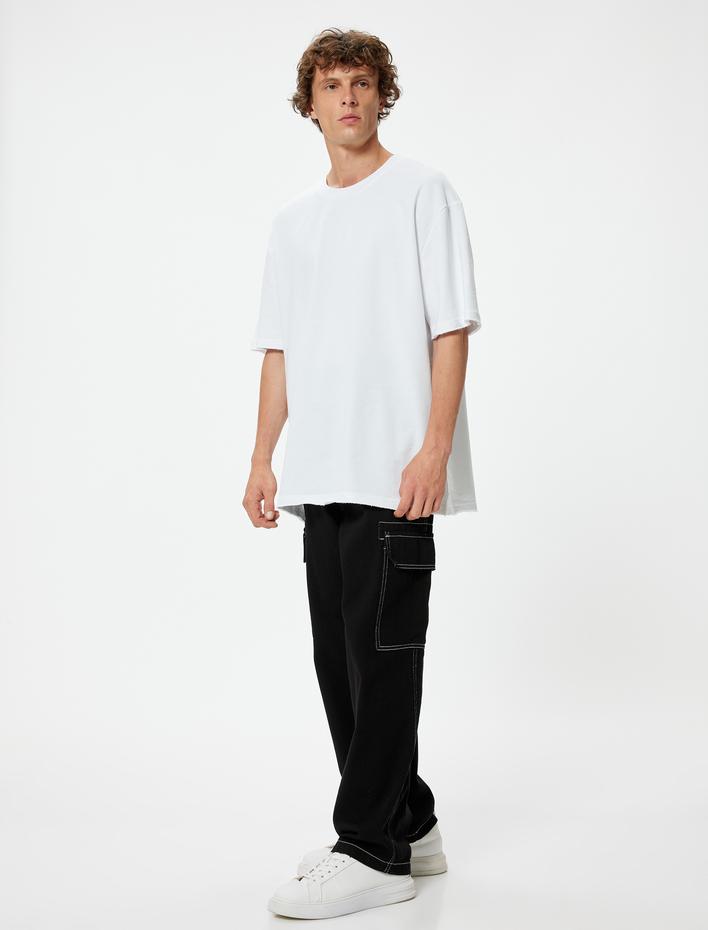  Kısa Kollu Bisiklet Yaka Pamuklu Oversize Tişört