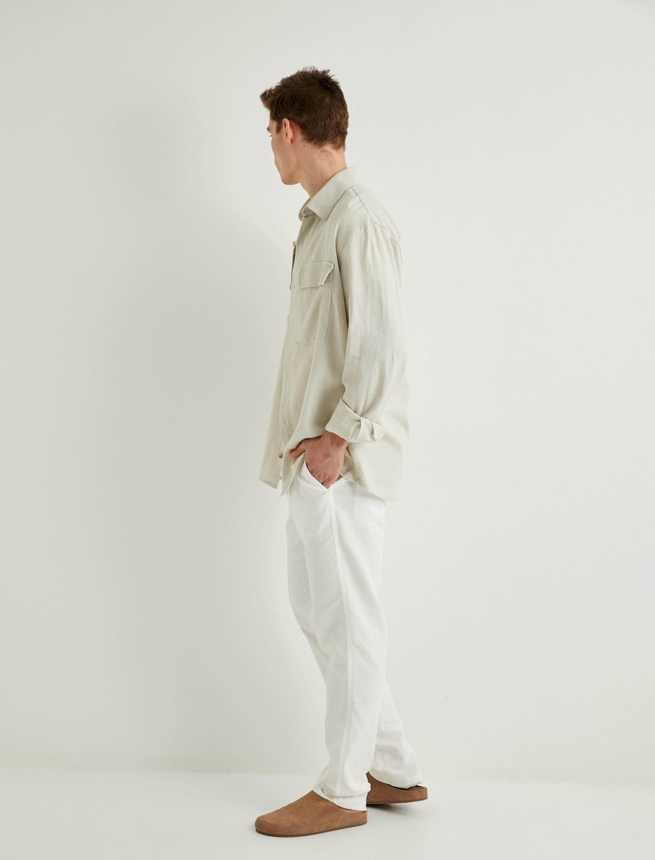   Keten Pantolon Chino Beli Bağcıklı Cep Detaylı