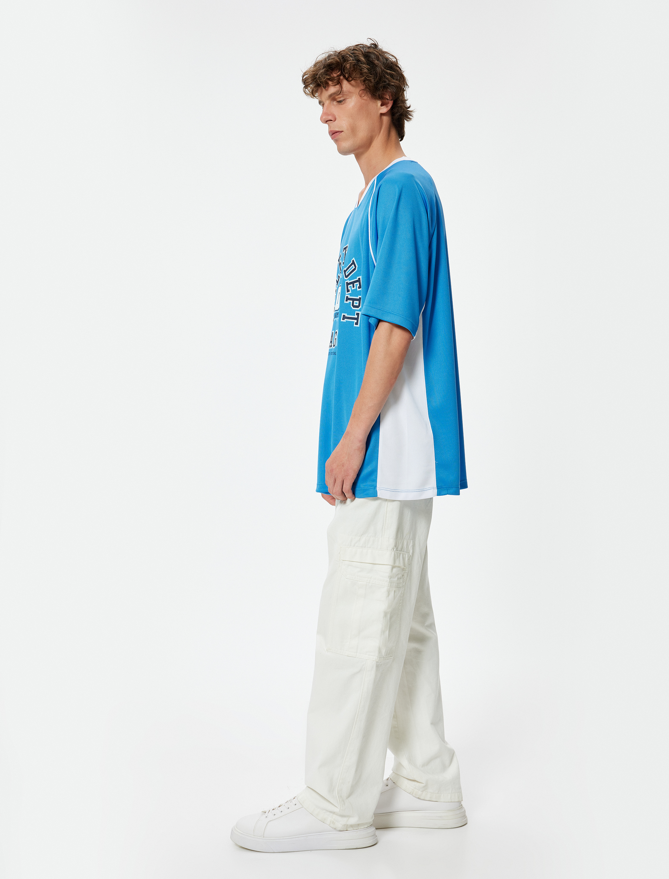   Oversize Kolej Tişört Slogan Baskılı Kısa Kollu V Yaka