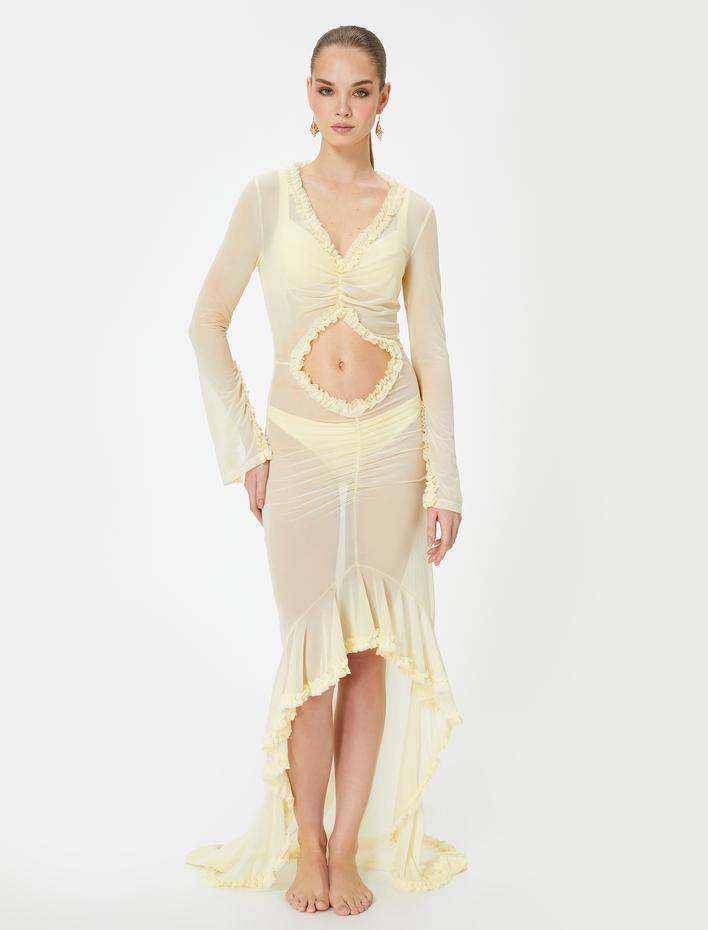  Plaj Elbisesi Pencere Detaylı Fırfırlı Asimetrik Kesim Tül