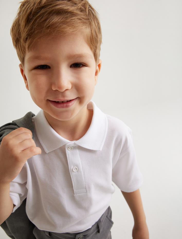 Erkek Çocuk Polo Yaka Düğme Detaylı Pamuklu Kısa Kollu Basic Tişört