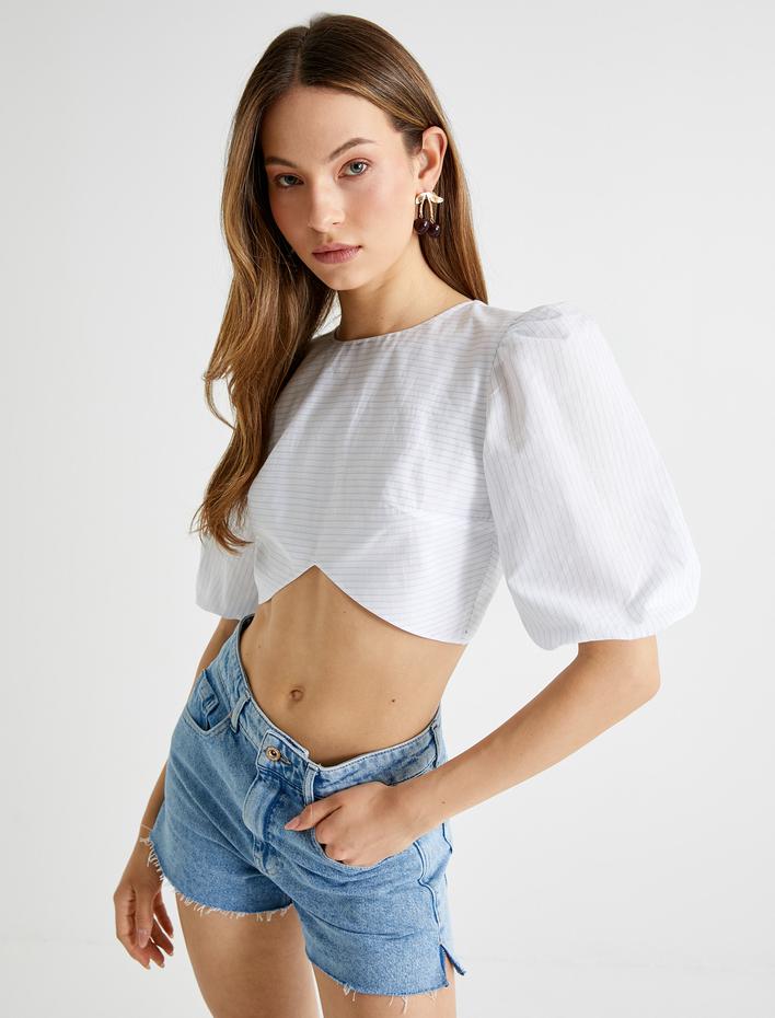  Balon Kol Crop Bluz Arkası Pencere Detaylı Fiyonklu