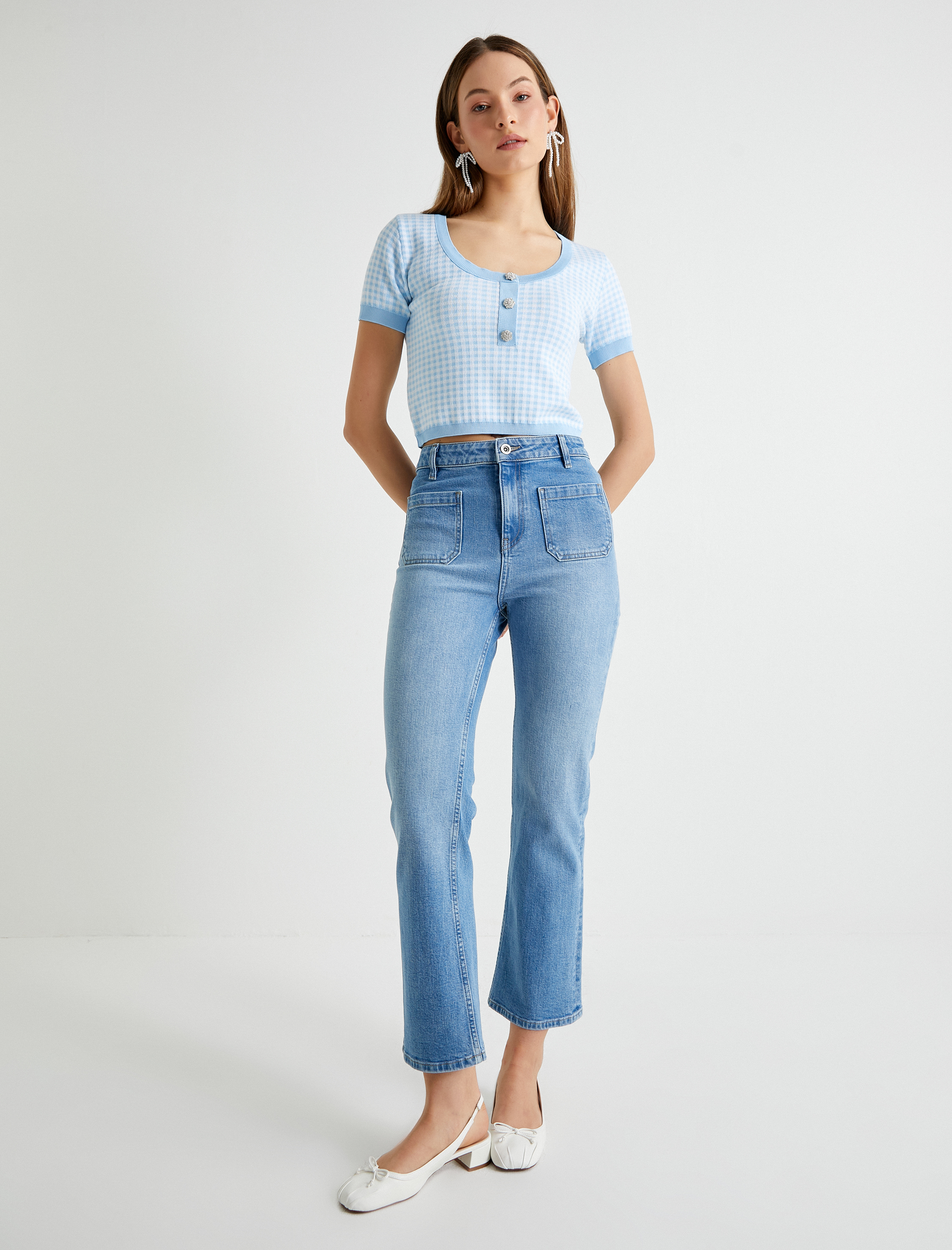   Triko Kısa Kollu Bluz Taşlı Düğme Detaylı Pötikareli