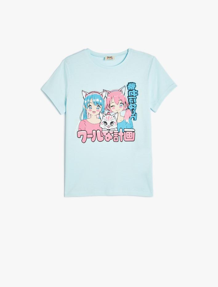 Kız Çocuk Tişört Anime Baskılı Kısa Kollu Bisiklet Yaka
