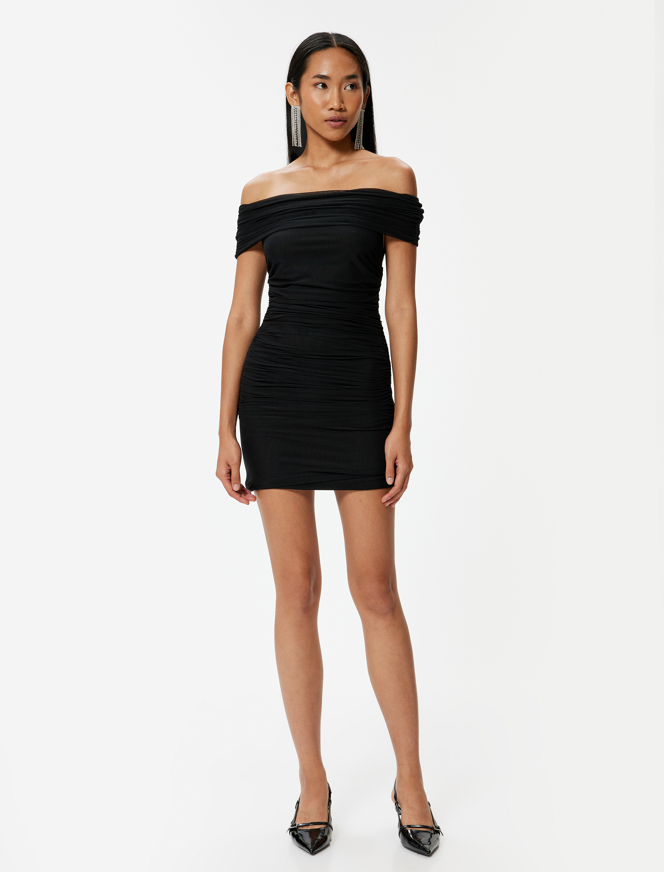 Mini Omzu Açık Abiye Elbise Drapeli Madonna Yaka Slim Fit