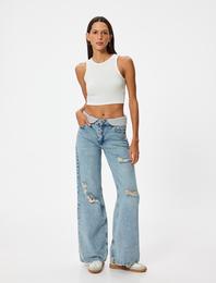 Geniş Paça Yırtık Kot Pantolon Standart Bel Düğmeli - Bianca Wide Leg Jeans