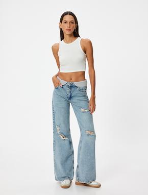 Geniş Paça Yırtık Kot Pantolon Standart Bel Düğmeli - Bianca Wide Leg Jeans