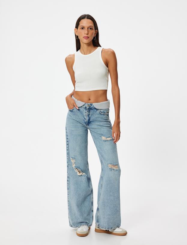 Geniş Paça Yırtık Kot Pantolon Standart Bel Düğmeli - Bianca Wide Leg Jeans_0