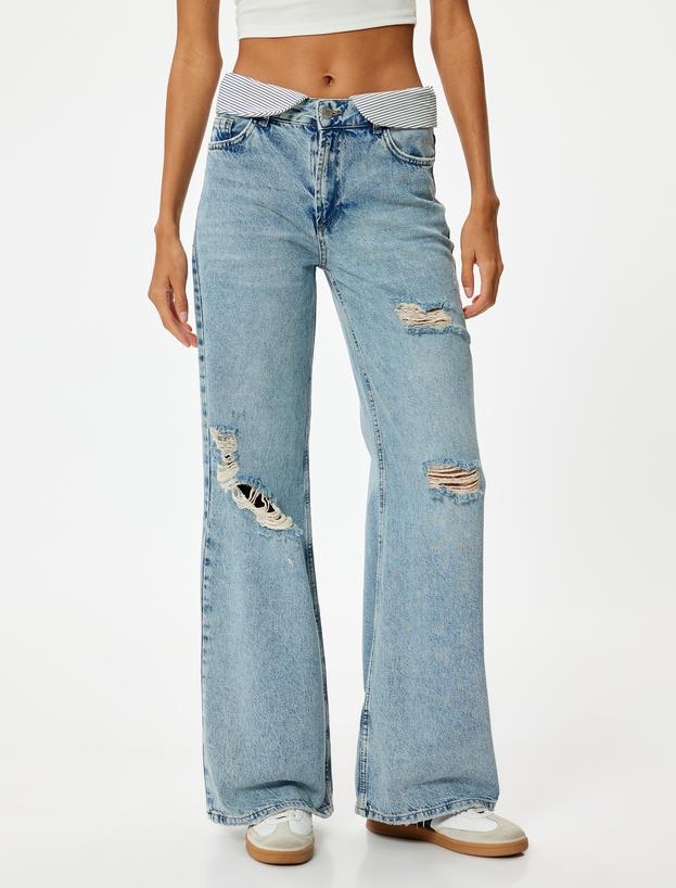 Geniş Paça Yırtık Kot Pantolon Standart Bel Düğmeli - Bianca Wide Leg Jeans_2