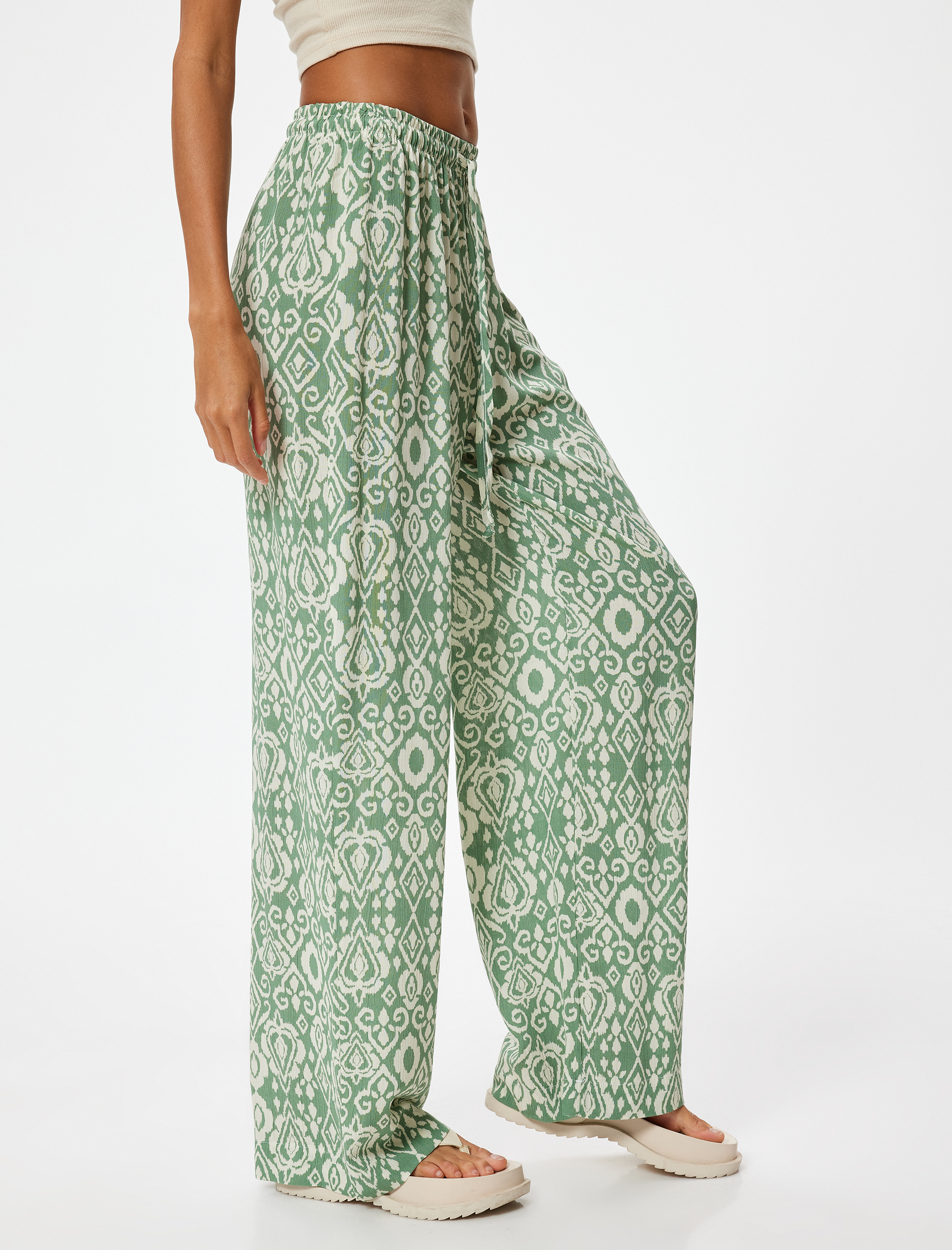   Yazlık Pantolon Beli Bağcıklı Düz Paça Etnik Desenli Standart Bel