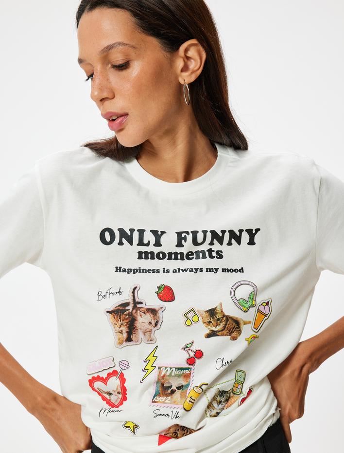  Oversize Tişört Kedi Baskılı Bisiklet Yaka Kısa Kollu