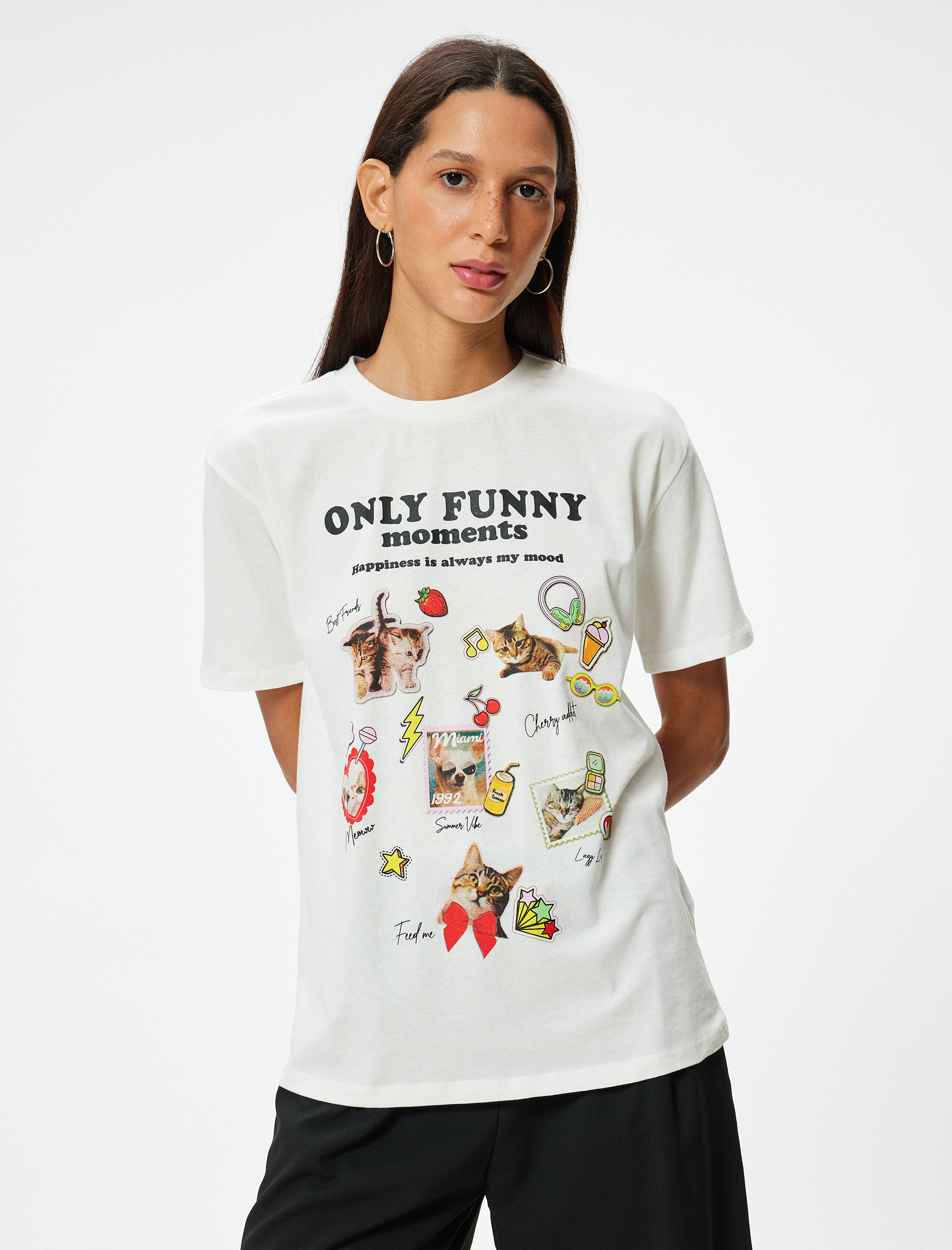   Oversize Tişört Kedi Baskılı Bisiklet Yaka Kısa Kollu